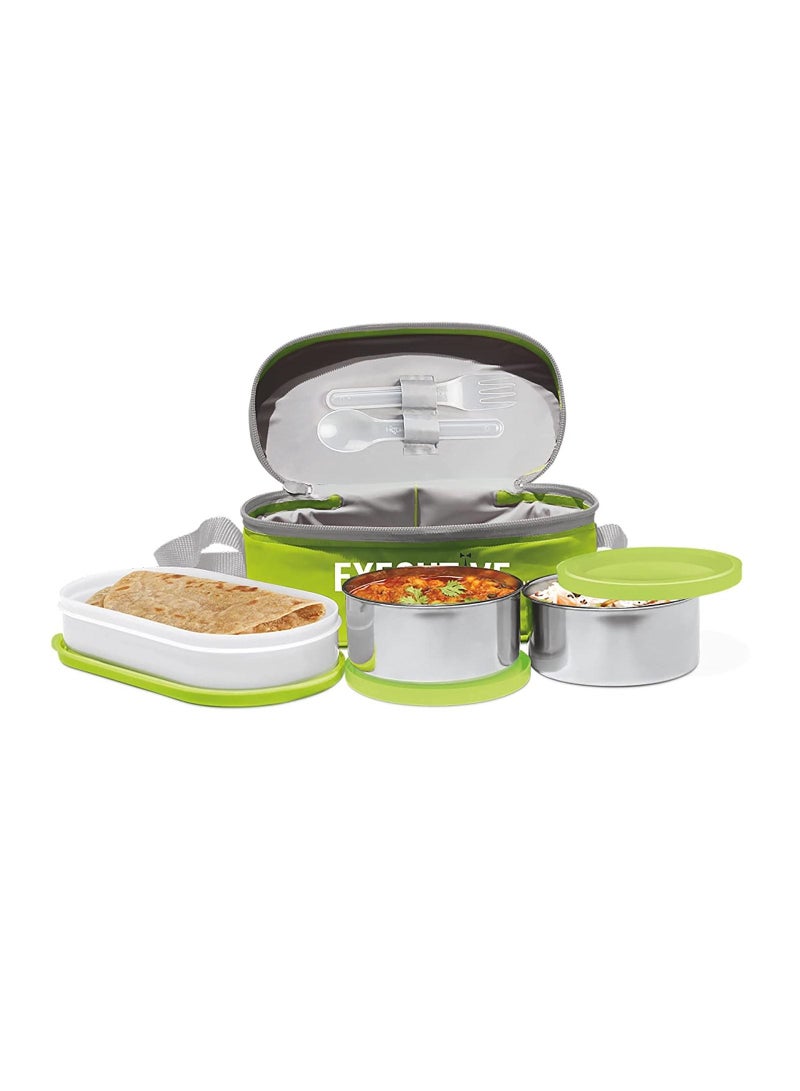 Milton Executive Lunch Box Soft Insulated Tiffin Box2 SS Container 1 Microwave Safe Container Green