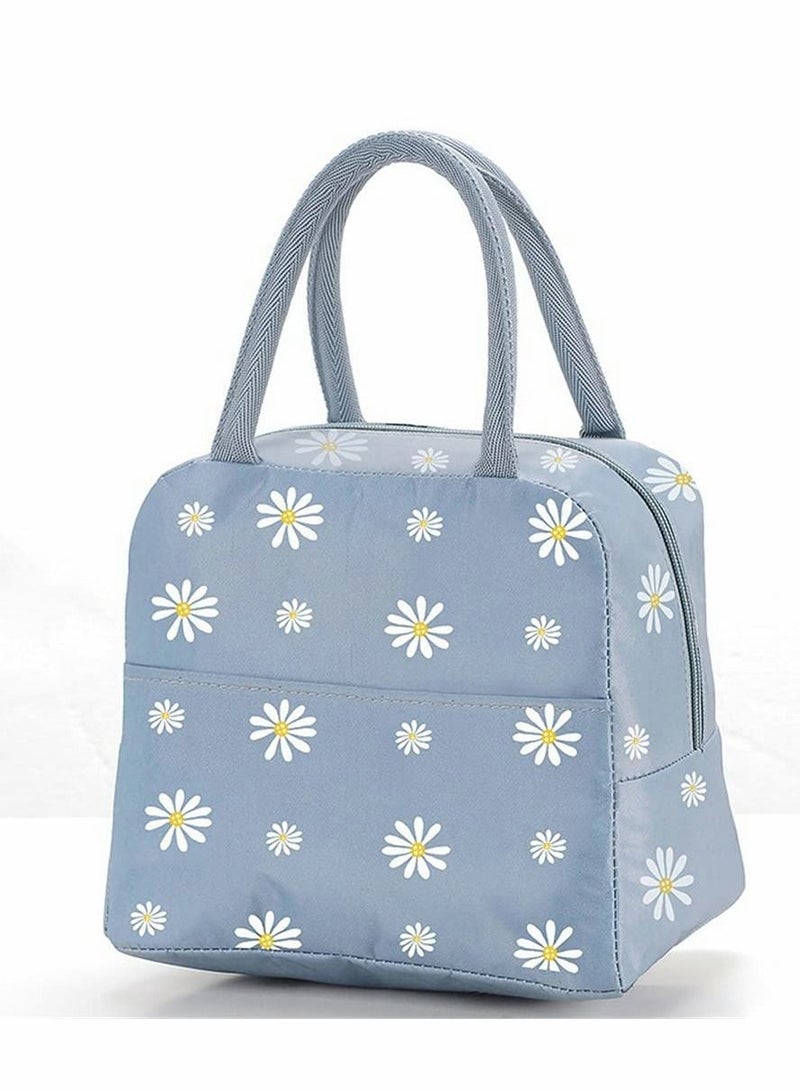 Floral Lunch Bag, Cute Insulated Tote Bag Reusable Thermal Containers Meal Prep Box Organizer Cooler for Women Girls Work School (Small Gray Daisy)