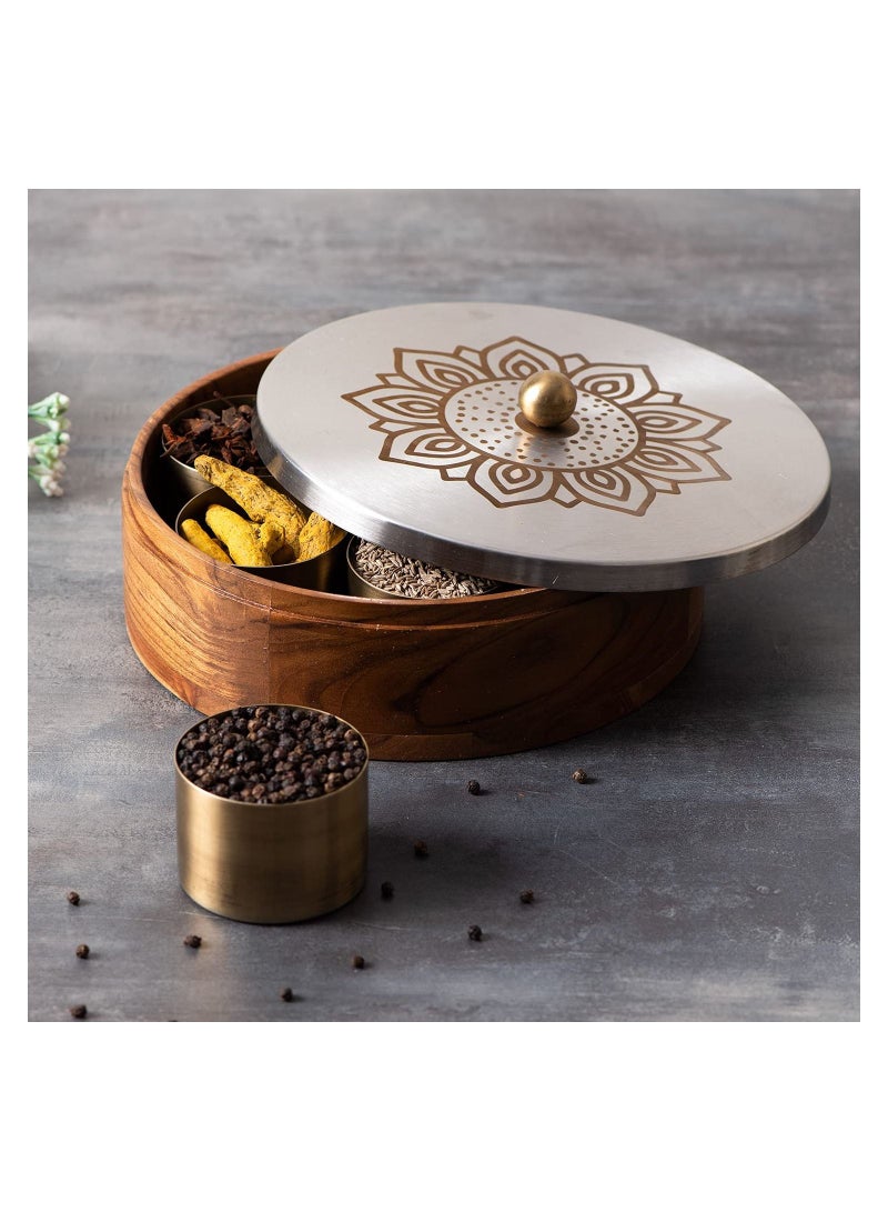 Wooden Masala Box For Kitchen Spice box Anjarai petti For kitchen Box 7 Jars Spice Container 9 Inch Dia Silver