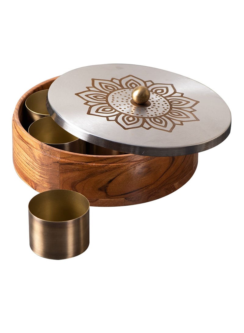 Wooden Masala Box For Kitchen Spice box Anjarai petti For kitchen Box 7 Jars Spice Container 9 Inch Dia Silver