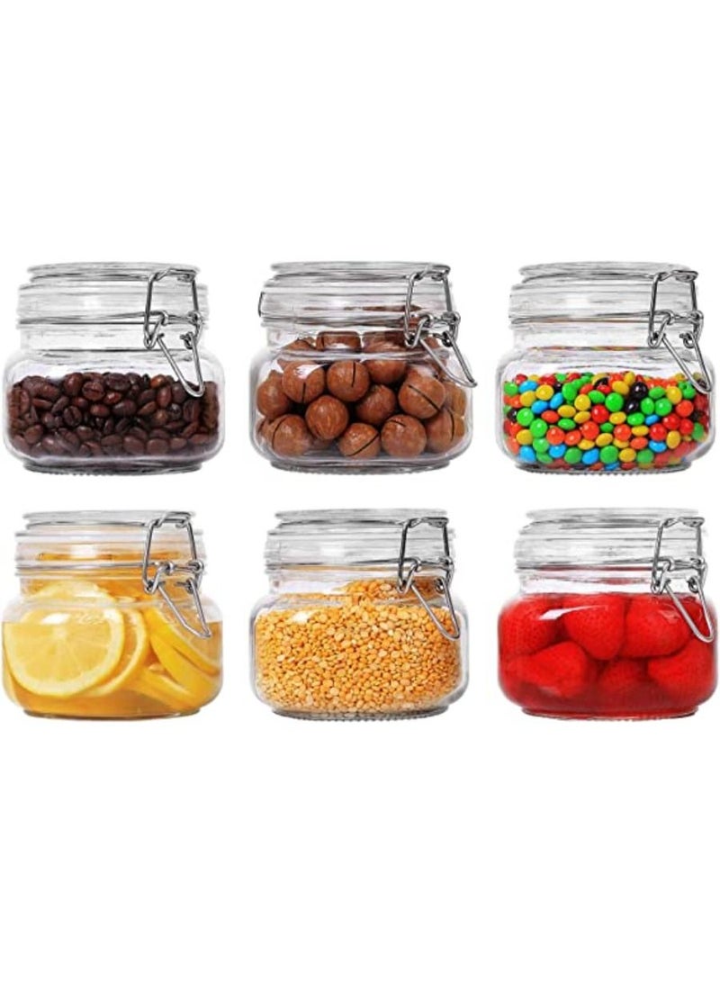 Airtight Glass Canister Set of 6 with Lids 17oz Food Storage Jar Square Storage Container with Clear Preserving Seal Wire Clip