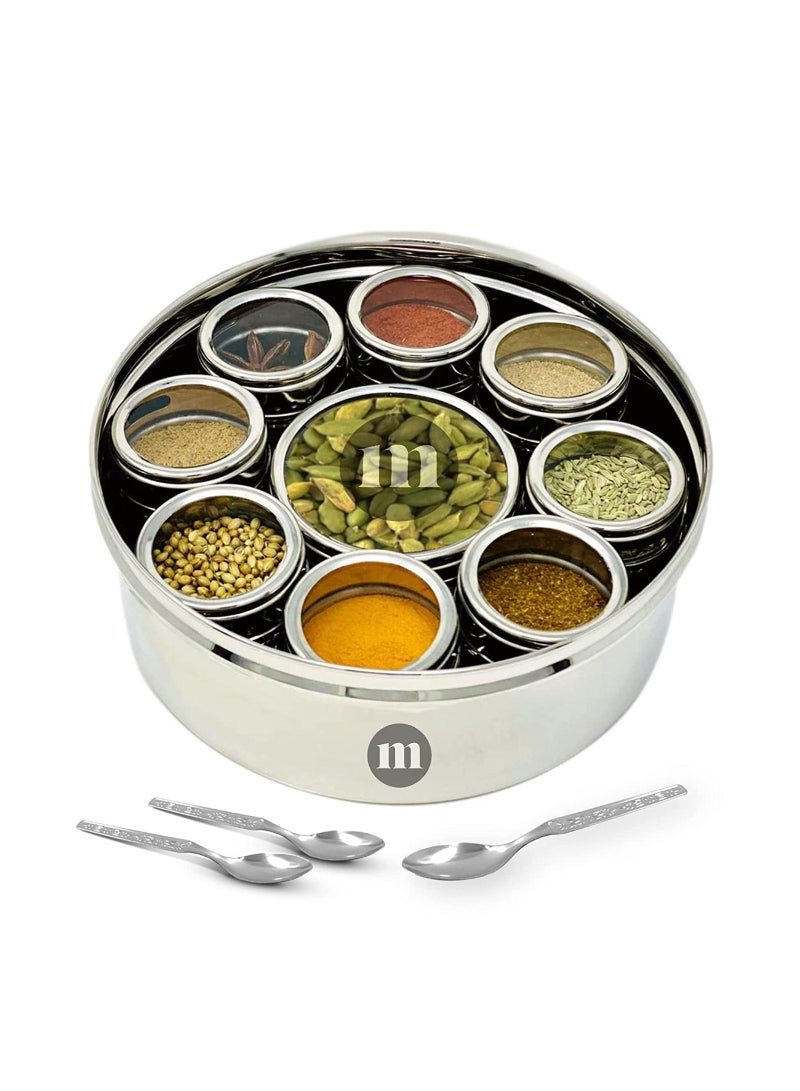 MARU 9 in 1 Spice Box Stainless Steel stylish Masala Box for Kitchen  9 containers 3 Spoons  Silver