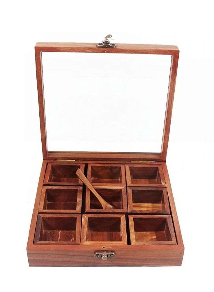 Wooden Glass Spice Box With Antique Lock Table In 9 Section Wooden Spice Rack Organizer And Masala Dabba Wooden Style Spice Store Brown 8×8×2.5Inches