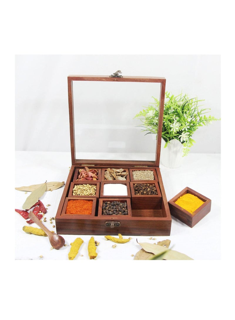 Wooden Glass Spice Box With Antique Lock Table In 9 Section Wooden Spice Rack Organizer And Masala Dabba Wooden Style Spice Store Brown 8×8×2.5Inches