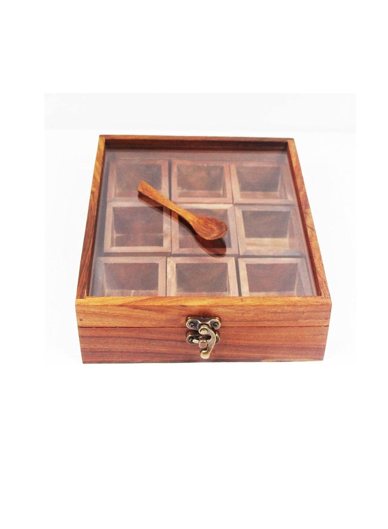 Wooden Glass Spice Box With Antique Lock Table In 9 Section Wooden Spice Rack Organizer And Masala Dabba Wooden Style Spice Store Brown 8×8×2.5Inches