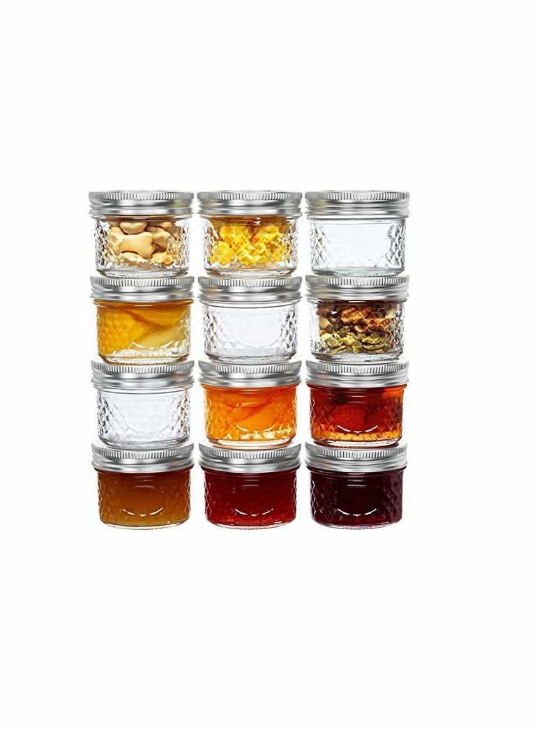 4 Oz Mason Jars Glass Mini Canning Jelly Jars with Airtight Regular Mouth Lids & Band, Quilted Crystal Jars for Jams, Spice, Food Storage, Wedding/Shower Favors, Preserves, Drinking-12 Pack