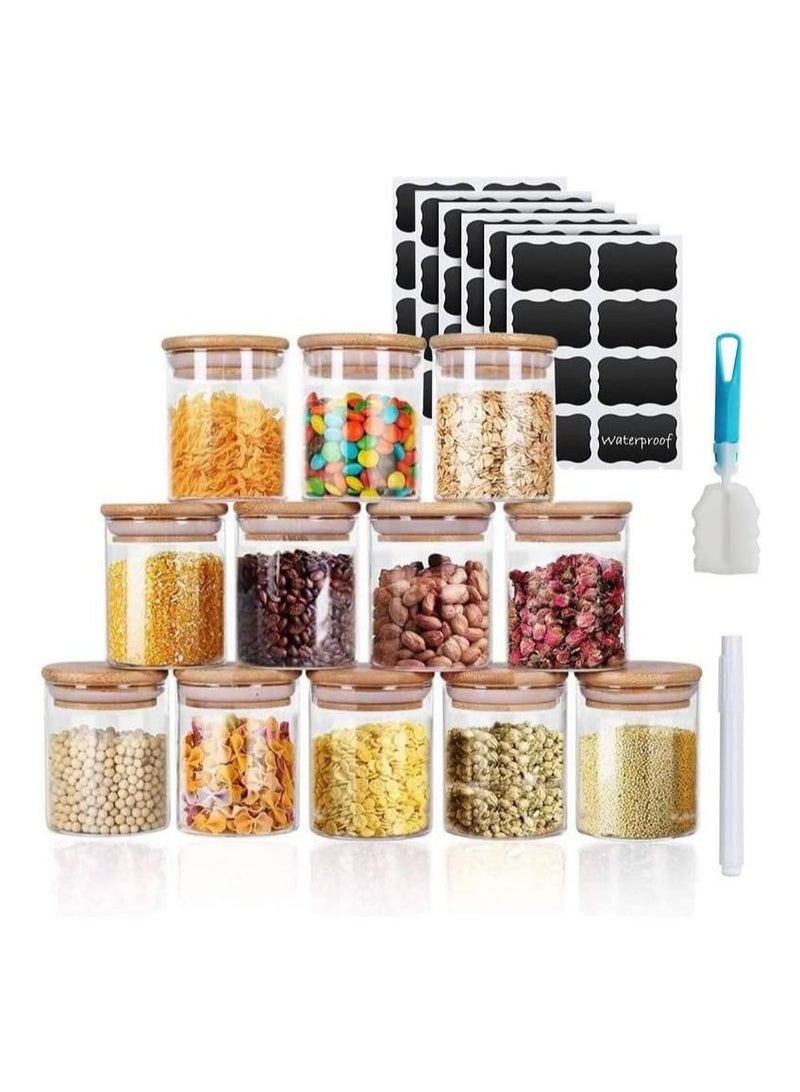 Glass Jars Set 9OZ, O9 O-Nine 12 Set Glass Spice Jars with Bamboo Airtight Lids and Labels, Food Cereal Storage Spice Containers for Home Kitchen Tea Herbs Coffee Flour Herbs Grains