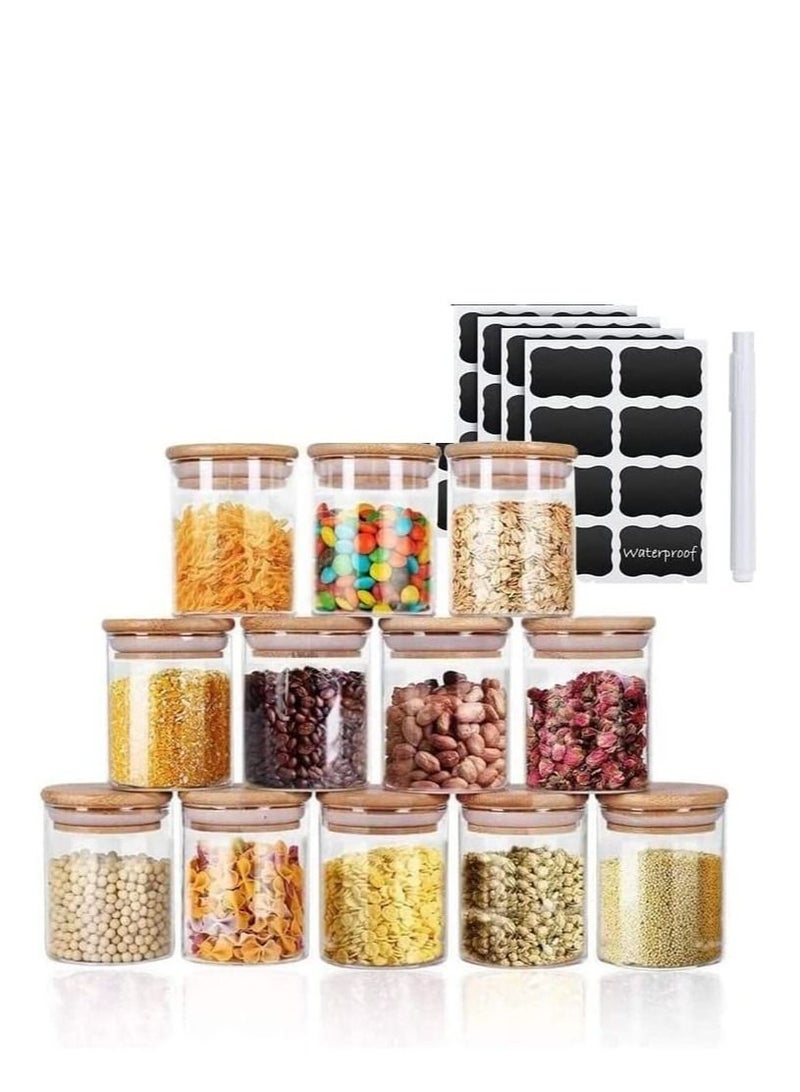 MahMir 12 pcs Set Glass Spice Jars with Bamboo Airtight Lids and Labels  Food Cereal Storage Spice Containers for Home Kitchen Tea Herbs Coffee Flour Herbs Grains Glass Jars Set 300ML  Round