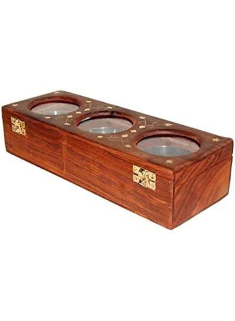 Wooden Dry Fruit Masala Spice Box with 3 Storage Compartments for Decorative Accessories Gifting Birthday
