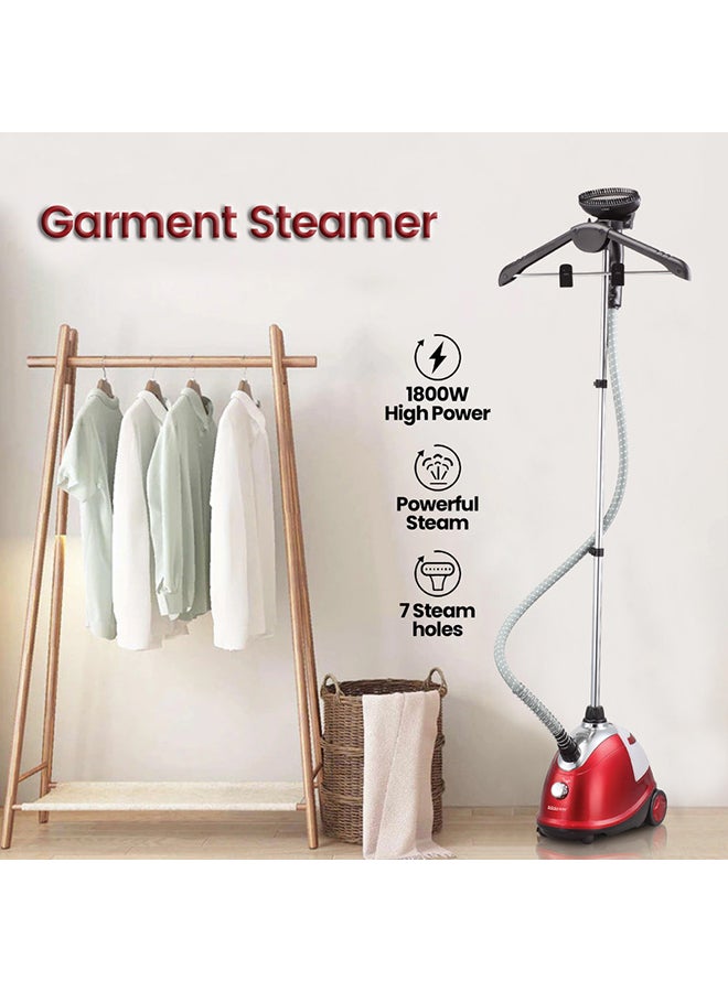 1.8L Tank Garment Steamer | Heavy Duty Garment Steamer with Supporting Pole | Anti-Slip Foot Wheel with Leak Proof Valve 1.8 L 1800 W SGS-311 Red/Black/Silver