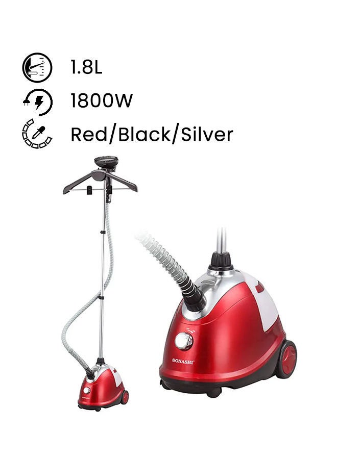 1.8L Tank Garment Steamer | Heavy Duty Garment Steamer with Supporting Pole | Anti-Slip Foot Wheel with Leak Proof Valve 1.8 L 1800 W SGS-311 Red/Black/Silver