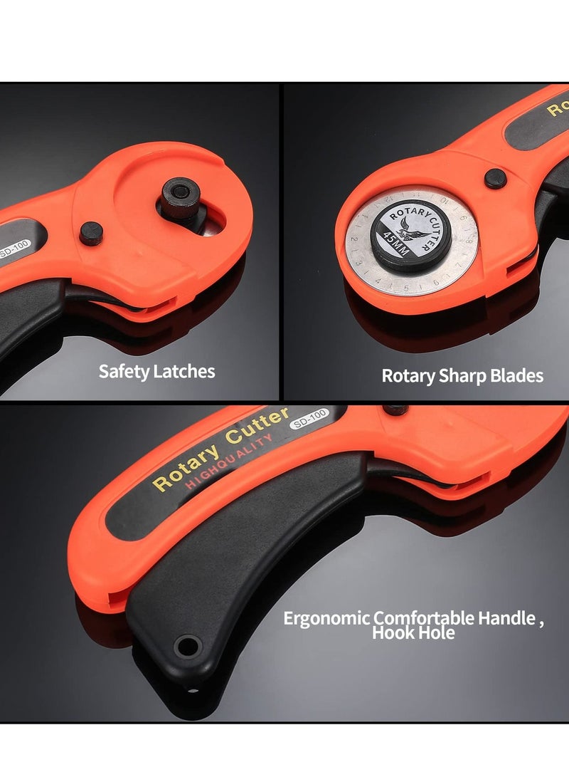 45mm Rotary Cutter, Rotary Fabric Cutter with 5pcs Extra Blades Ergonomic Handle Rolling Cutter with Safety Lock for Precise Cutting, Rotary Cutter for Fabric, Leather, Crafting, Sewing