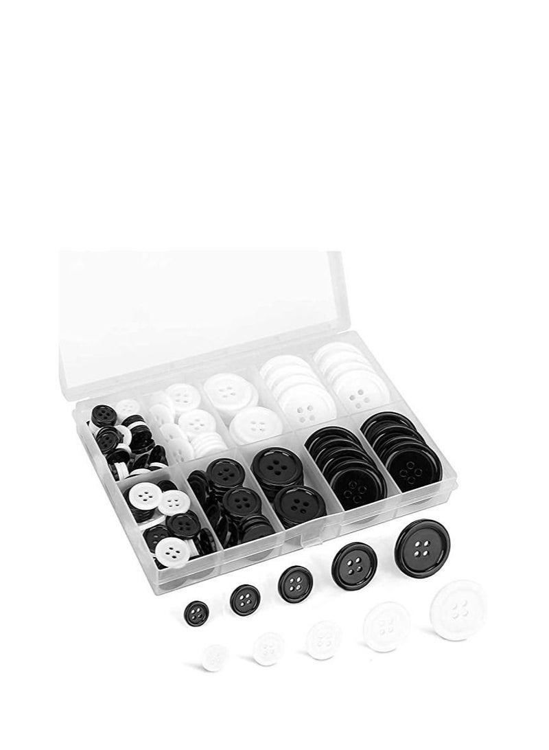 Mixed Sewing Buttons 160Pcs, KASTWAVE Round Black 4-Hole Craft Buttons, 5 Sizes White Resin Button, with Separate Compartment Storage Box, Suitable for Sewing, DIY Projects