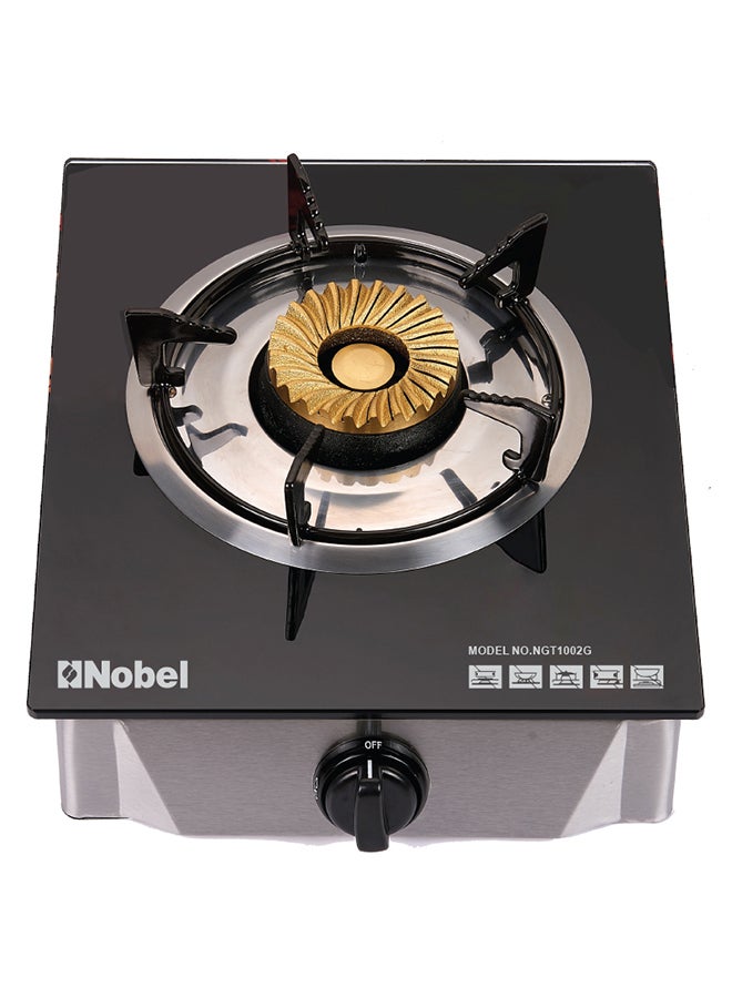 Single Gas Burner/1 Brass Burner Gas, Heavy-Duty Cast Iron Burner with Piezo Ignition and High Quality Tempered Glass Panel 320 x 410 x 160 (W x D x H) mm NGT1002G Stainless Steel