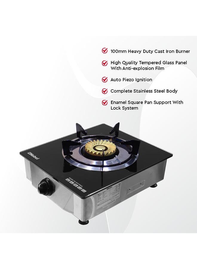 Single Gas Burner/1 Brass Burner Gas, Heavy-Duty Cast Iron Burner with Piezo Ignition and High Quality Tempered Glass Panel 320 x 410 x 160 (W x D x H) mm NGT1002G Stainless Steel