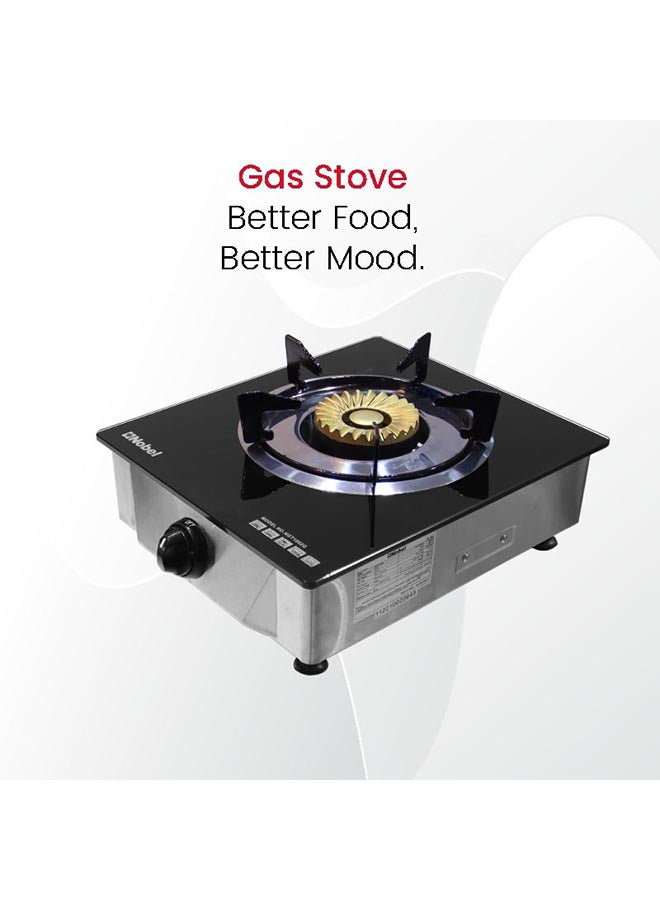 Single Gas Burner/1 Brass Burner Gas, Heavy-Duty Cast Iron Burner with Piezo Ignition and High Quality Tempered Glass Panel 320 x 410 x 160 (W x D x H) mm NGT1002G Stainless Steel