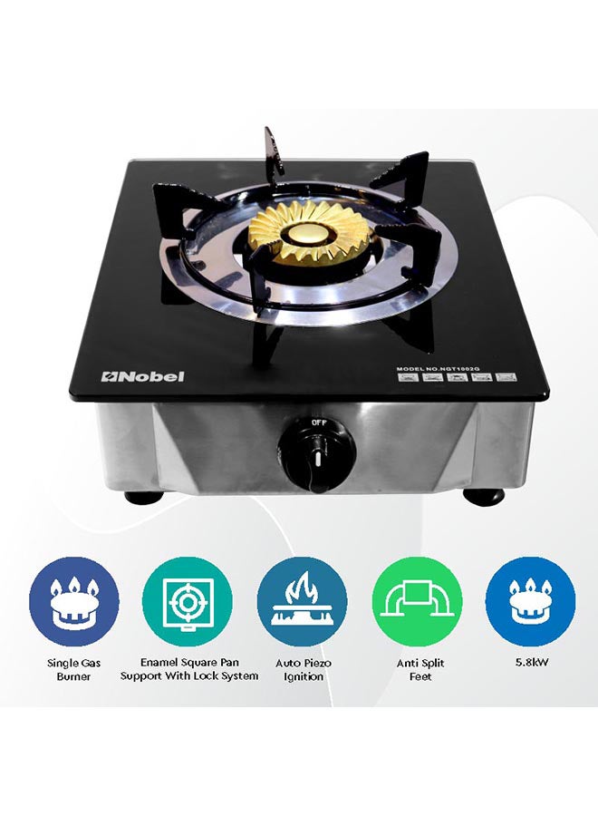 Single Gas Burner/1 Brass Burner Gas, Heavy-Duty Cast Iron Burner with Piezo Ignition and High Quality Tempered Glass Panel 320 x 410 x 160 (W x D x H) mm NGT1002G Stainless Steel