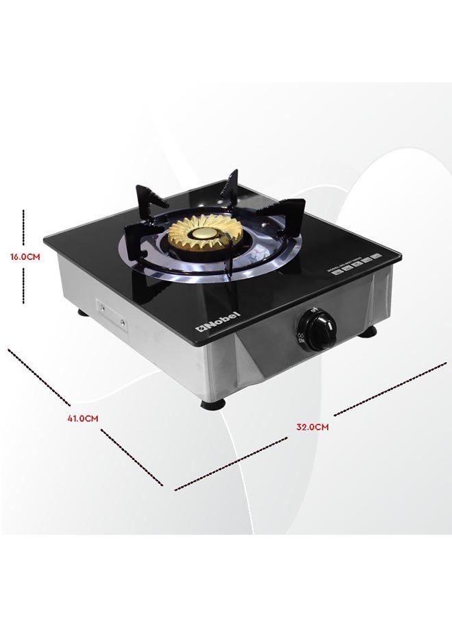 Single Gas Burner/1 Brass Burner Gas, Heavy-Duty Cast Iron Burner with Piezo Ignition and High Quality Tempered Glass Panel 320 x 410 x 160 (W x D x H) mm NGT1002G Stainless Steel