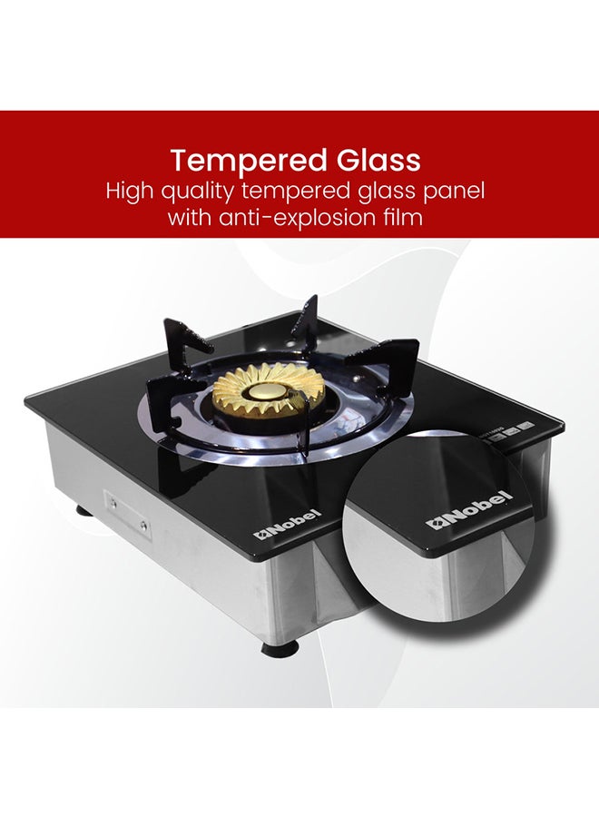 Single Gas Burner/1 Brass Burner Gas, Heavy-Duty Cast Iron Burner with Piezo Ignition and High Quality Tempered Glass Panel 320 x 410 x 160 (W x D x H) mm NGT1002G Stainless Steel