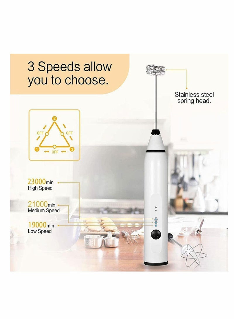 Milk Frother, 3 Speeds Electric Handheld Foam Make, USB Rechargeable with Stainless Whisk, for Coffee, Latte, Cappuccino, Chocolate, Milk Tea, Coconut Milk, Durable Frother Mixer (White)