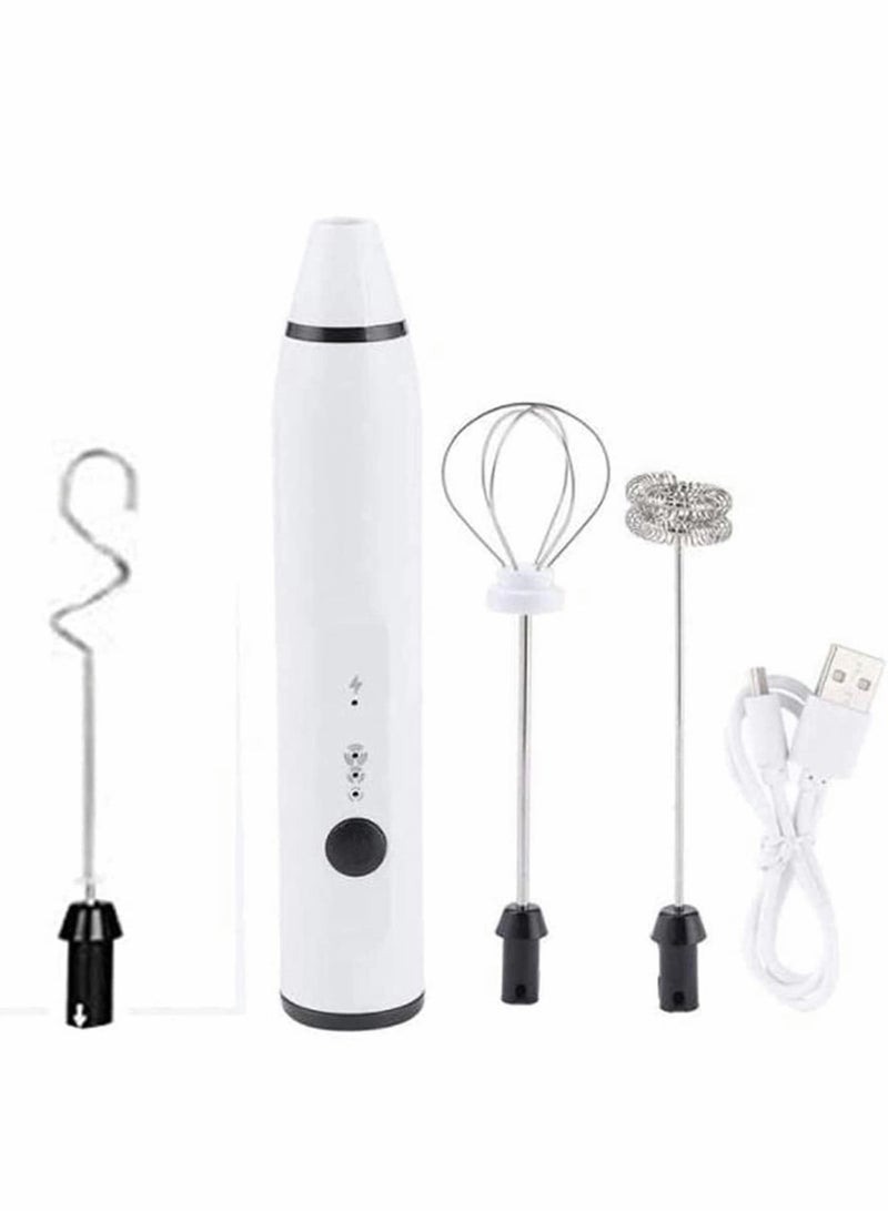 Milk Frother, 3 Speeds Electric Handheld Foam Make, USB Rechargeable with Stainless Whisk, for Coffee, Latte, Cappuccino, Chocolate, Milk Tea, Coconut Milk, Durable Frother Mixer (White)