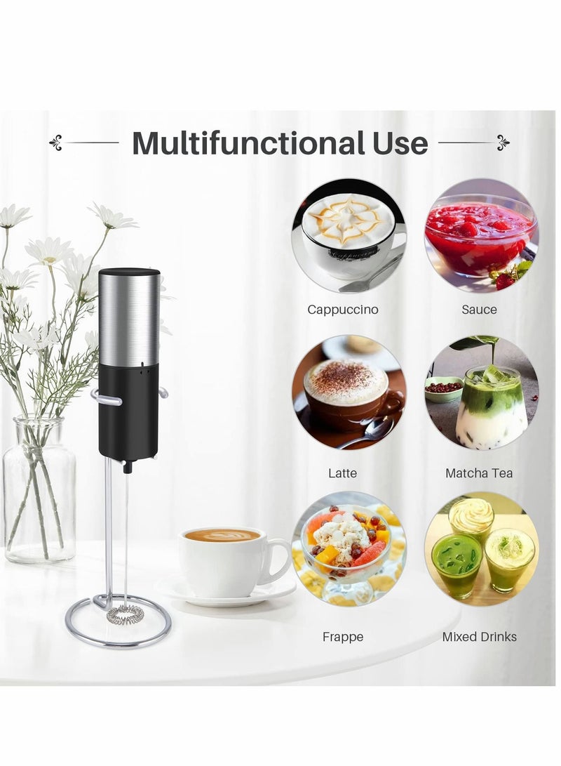 Electric Milk Frother Handheld Foam Maker for Lattes - Whisk Drink Mixer Coffee | Stainless Steel Stand Frappe Matcha Hot Chocolate -Black