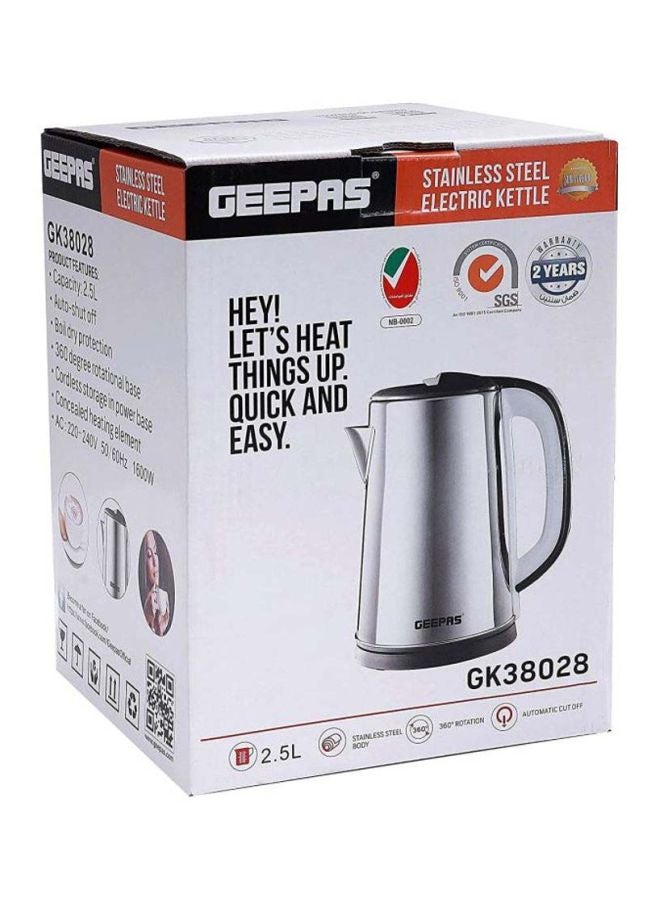 Stainless Steel Electric Kettle, Cordless Tea Kettle, Auto Shut-Off & Boil-Dry Protection, Ideal For Coffee/Tea/Milk/Water 2.5 L 1500 W GK38028 Silver