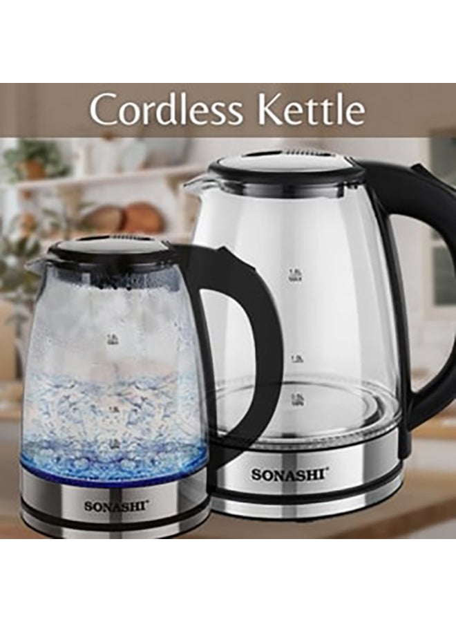 1.8 L Cordless Kettle - Glass Kettle with Safety Lock Lid | 360-degree Swivel Base - Auto Shutdown, Power On/Off Indicator Light Feature | Instant Water Heater And Tea Maker 1.8 L 1500 W SKT-1809 Silver