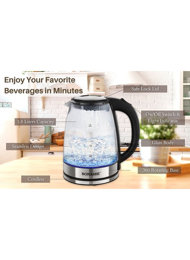 1.8 L Cordless Kettle - Glass Kettle with Safety Lock Lid | 360-degree Swivel Base - Auto Shutdown, Power On/Off Indicator Light Feature | Instant Water Heater And Tea Maker 1.8 L 1500 W SKT-1809 Silver