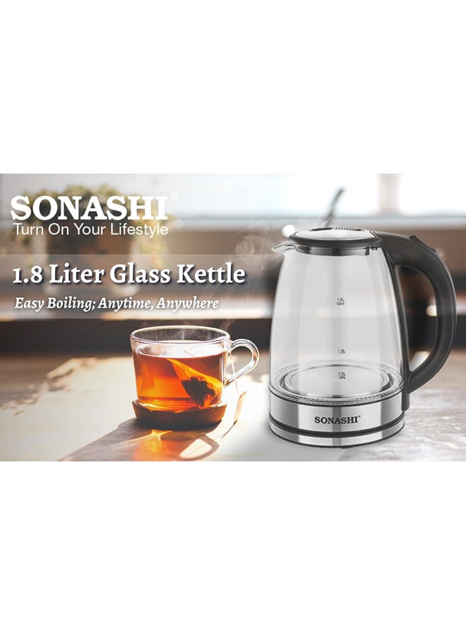 1.8 L Cordless Kettle - Glass Kettle with Safety Lock Lid | 360-degree Swivel Base - Auto Shutdown, Power On/Off Indicator Light Feature | Instant Water Heater And Tea Maker 1.8 L 1500 W SKT-1809 Silver