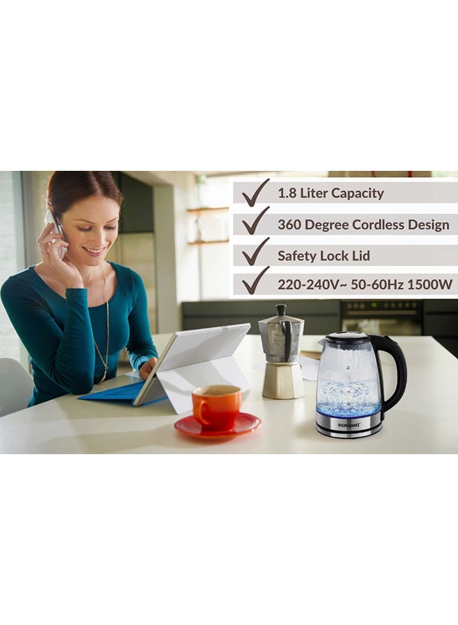 1.8 L Cordless Kettle - Glass Kettle with Safety Lock Lid | 360-degree Swivel Base - Auto Shutdown, Power On/Off Indicator Light Feature | Instant Water Heater And Tea Maker 1.8 L 1500 W SKT-1809 Silver