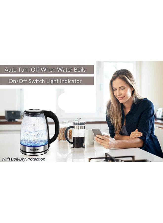 1.8 L Cordless Kettle - Glass Kettle with Safety Lock Lid | 360-degree Swivel Base - Auto Shutdown, Power On/Off Indicator Light Feature | Instant Water Heater And Tea Maker 1.8 L 1500 W SKT-1809 Silver