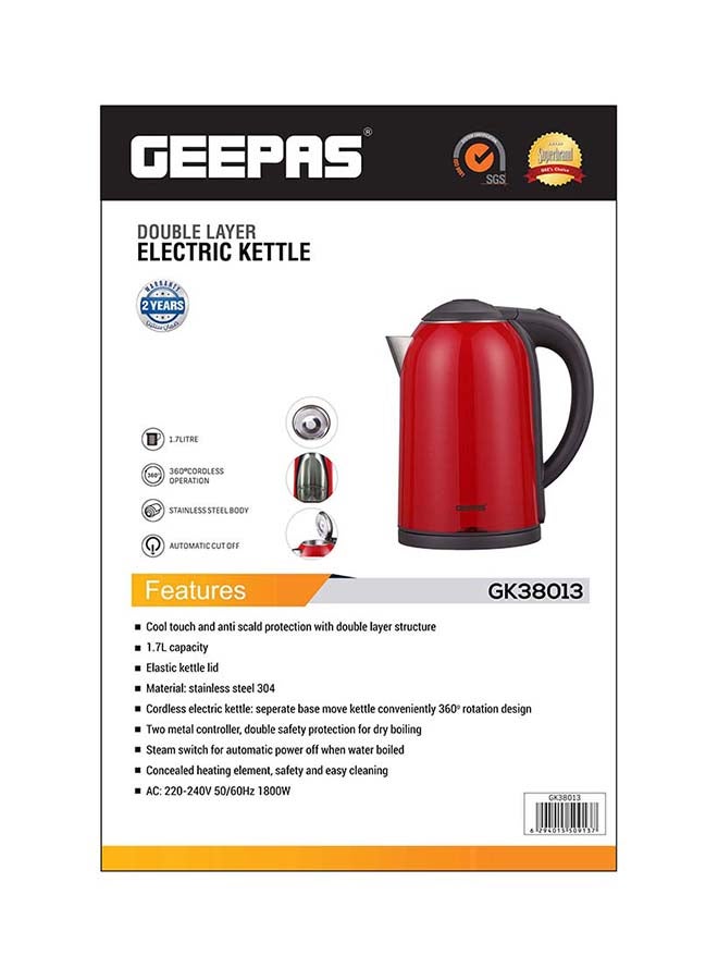 Double Layer Electric Kettle Cordless Water /Tea Kettle with  Stainless Steel Double Wall, Auto Shut-Off & Boil-Dry Protection | Ideal for Coffee, Tea, Water & More | 2 Years Warranty 1.7 L 1800 W GK38013 Red/Black