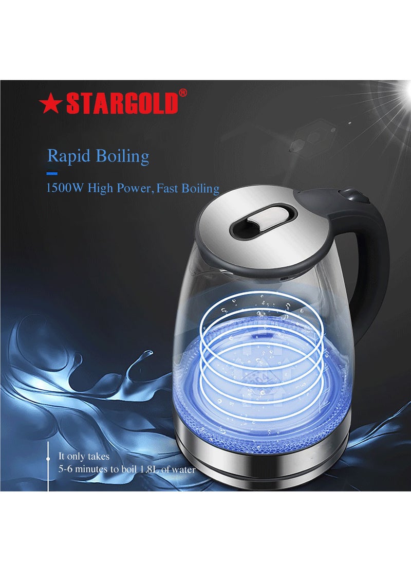 Glass Body Electric Kettle with Stainless Steel Lid-Auto Shut Off - Boil Dry Protection - 1500W Wide Opening 1.8L Blue LED Light Indicator Borosilicate Glass Tea Kettle & Hot Water Boiler
