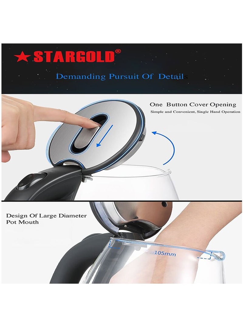 Glass Body Electric Kettle with Stainless Steel Lid-Auto Shut Off - Boil Dry Protection - 1500W Wide Opening 1.8L Blue LED Light Indicator Borosilicate Glass Tea Kettle & Hot Water Boiler