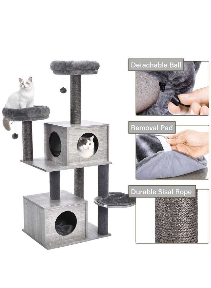 130cm Cat Tree Wooden Cat Tower Featuring 2 Super Large Condo Fully Scratching Posts and Removable Soft Perches for Indoor Cats and Kittens