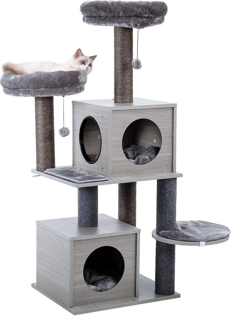 130cm Cat Tree Wooden Cat Tower Featuring 2 Super Large Condo Fully Scratching Posts and Removable Soft Perches for Indoor Cats and Kittens