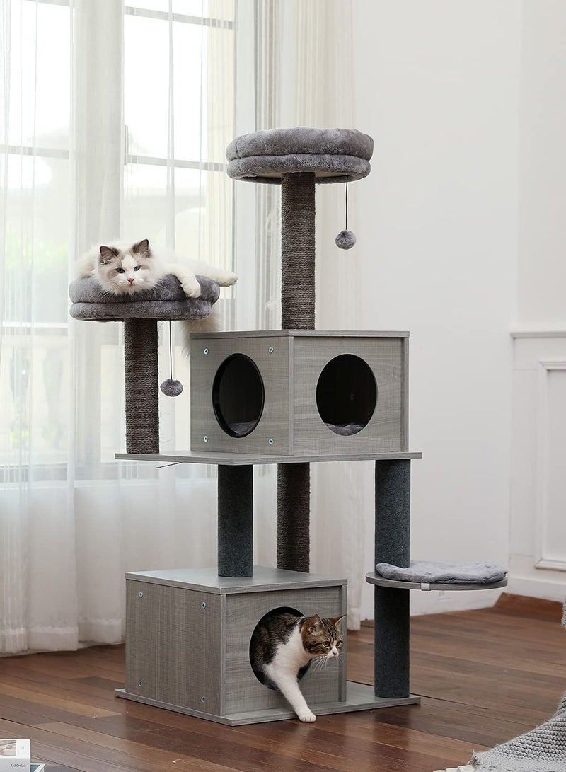 130cm Cat Tree Wooden Cat Tower Featuring 2 Super Large Condo Fully Scratching Posts and Removable Soft Perches for Indoor Cats and Kittens