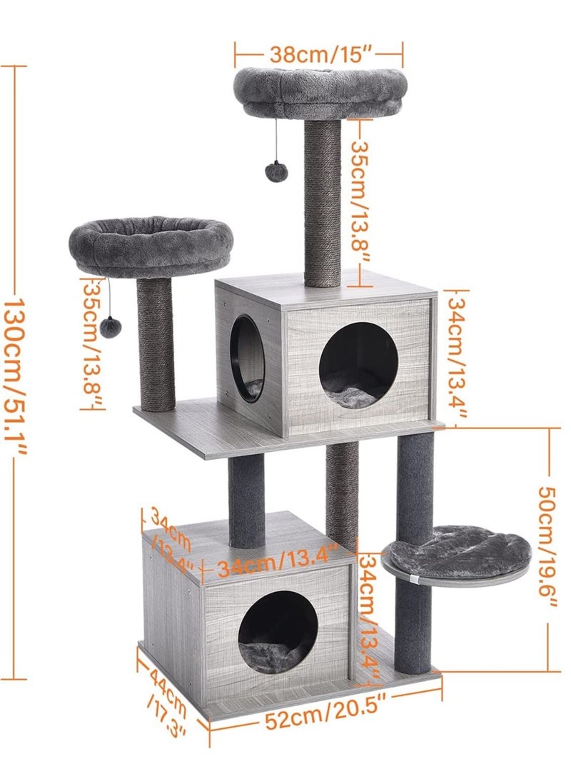 130cm Cat Tree Wooden Cat Tower Featuring 2 Super Large Condo Fully Scratching Posts and Removable Soft Perches for Indoor Cats and Kittens