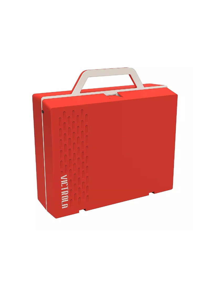 Victrola Re-Spin Sustainable Suitcase Record Player with Built in Bluetooth Speakers 3 Speed Belt Driven Turntable Built-in Bass Radiator 3.5mm Headphone Jack Poinsettia Red