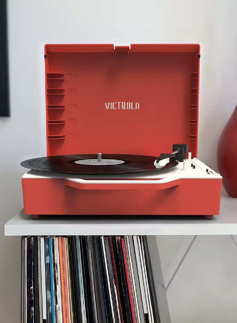 Victrola Re-Spin Sustainable Suitcase Record Player with Built in Bluetooth Speakers 3 Speed Belt Driven Turntable Built-in Bass Radiator 3.5mm Headphone Jack Poinsettia Red