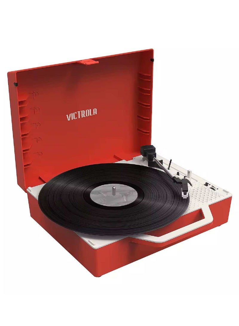 Victrola Re-Spin Sustainable Suitcase Record Player with Built in Bluetooth Speakers 3 Speed Belt Driven Turntable Built-in Bass Radiator 3.5mm Headphone Jack Poinsettia Red