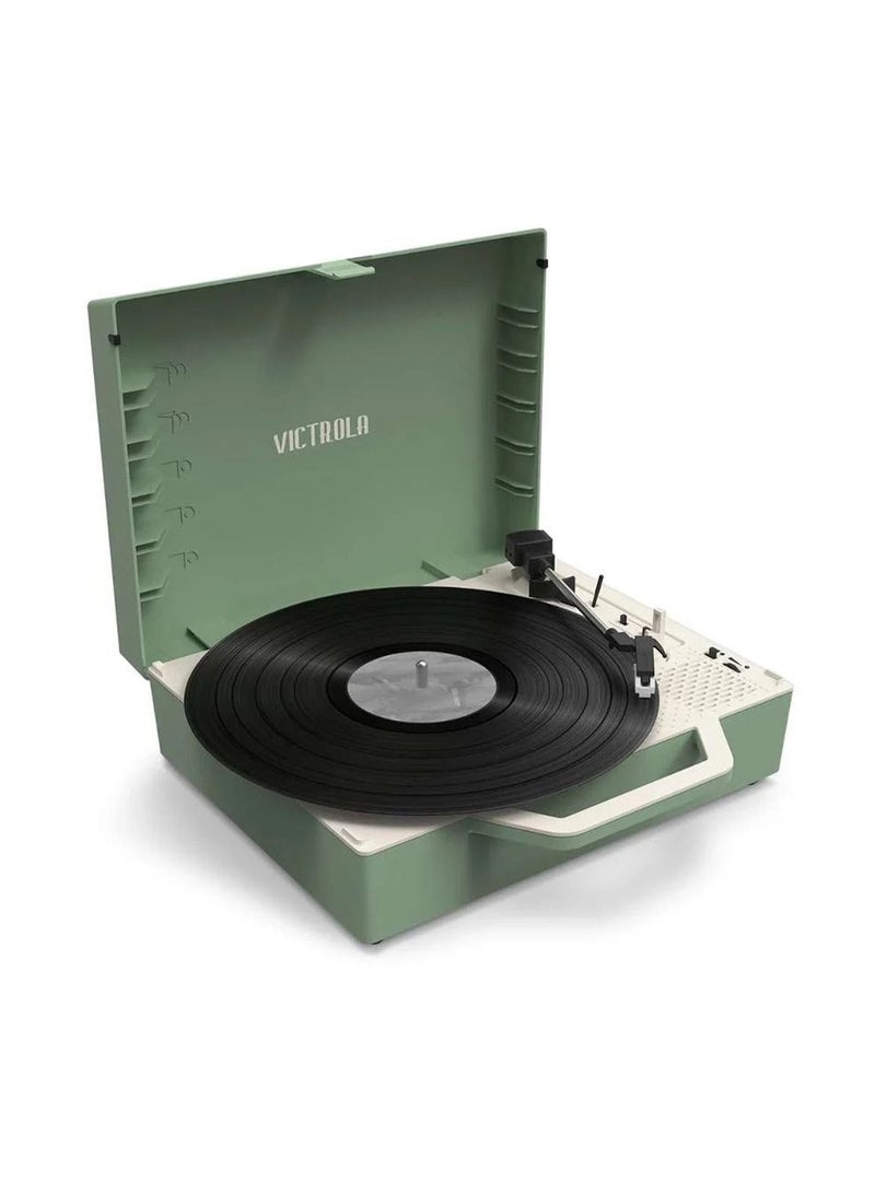 Victrola Re-Spin Sustainable Suitcase Record Player with Built in Bluetooth Speakers 3 Speed Belt Driven Turntable Built-in Bass Radiator 3.5mm Headphone Jack Basil Green Color