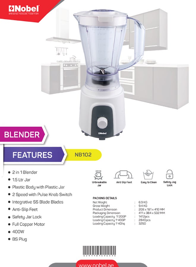 2 in 1 Blender Table Top, 1.5 Litres Jar Stainless Steel Blade 400W, 2 Speeds Control With Pulse, Full Copper Motor 1.5 L 400 W NB102 White
