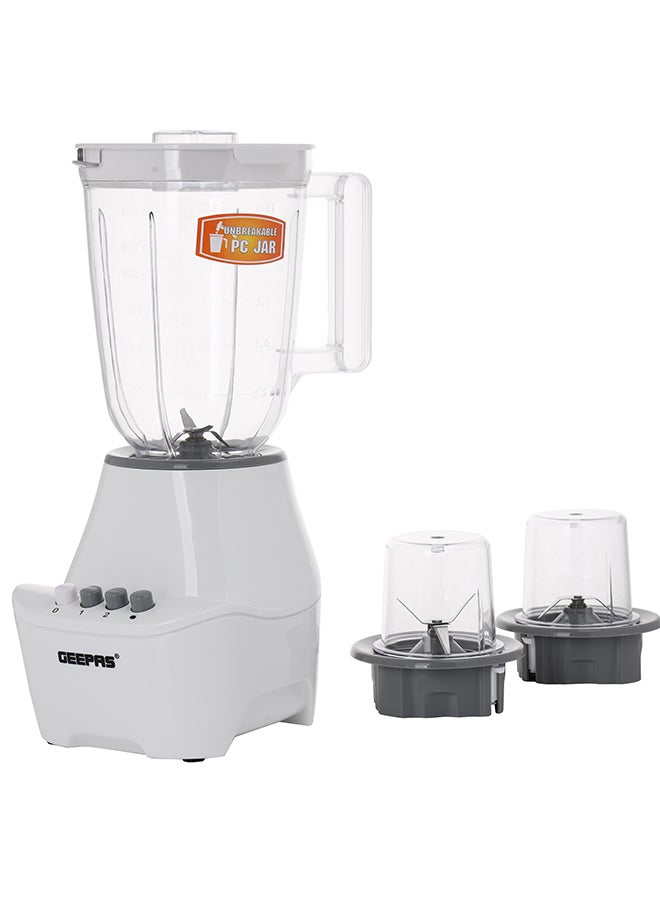 3-In-1 Blender With Unbreakable PC Jars, Stainless Steel Blade, 2 Grinder Attachments, 400W Powerful Motor with 2 Speed Setting and Pulse 1.5 L 400 W GSB6104N White/Clear