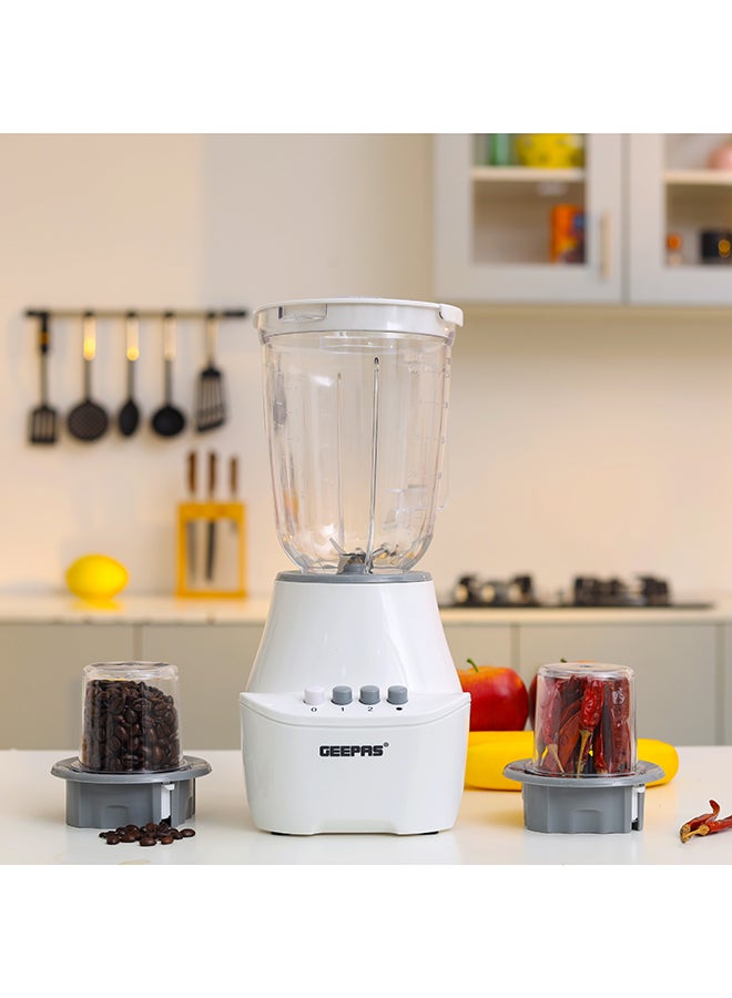 3-In-1 Blender With Unbreakable PC Jars, Stainless Steel Blade, 2 Grinder Attachments, 400W Powerful Motor with 2 Speed Setting and Pulse 1.5 L 400 W GSB6104N White/Clear