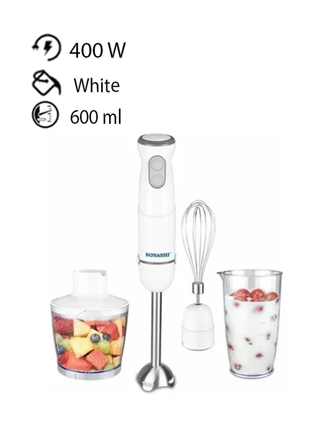 4-in-1 Hand Blender Chopper Whisker Mixer | Durable Stainless Steel Blade & Removable Stick | Comes with 600ml Plastic Jar, 500ml Chopper and Blending Wand | Power Watt 400 SHB-184JCW White