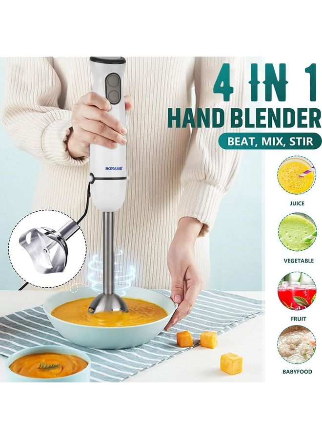 4-in-1 Hand Blender Chopper Whisker Mixer | Durable Stainless Steel Blade & Removable Stick | Comes with 600ml Plastic Jar, 500ml Chopper and Blending Wand | Power Watt 400 SHB-184JCW White