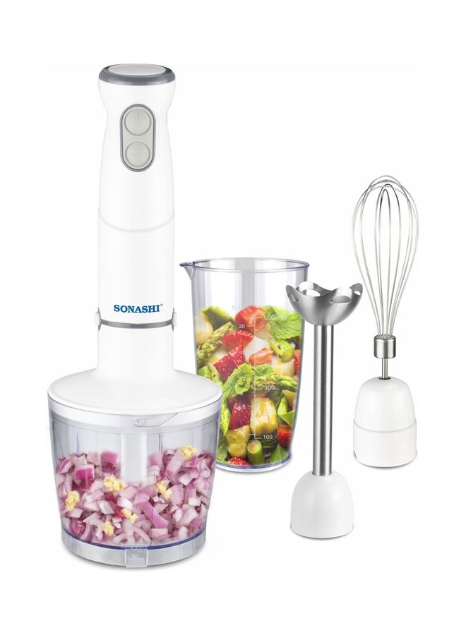 4-in-1 Hand Blender Chopper Whisker Mixer | Durable Stainless Steel Blade & Removable Stick | Comes with 600ml Plastic Jar, 500ml Chopper and Blending Wand | Power Watt 400 SHB-184JCW White