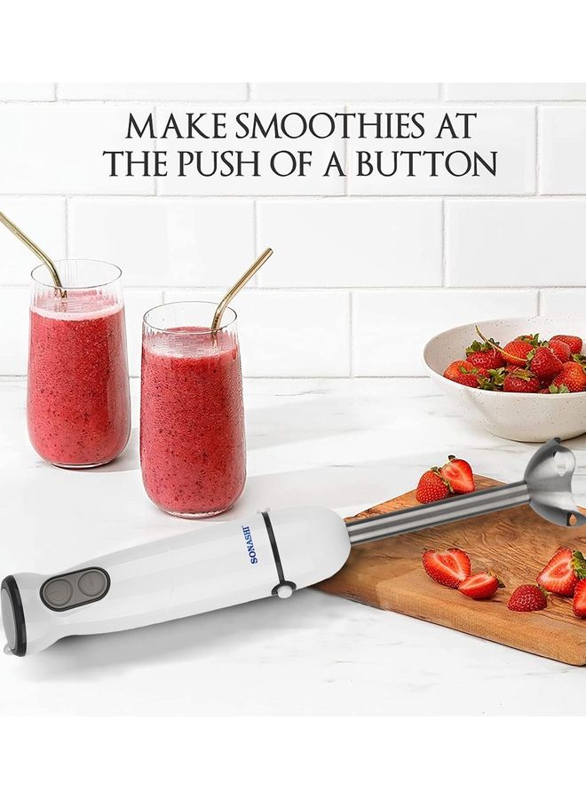 4-in-1 Hand Blender Chopper Whisker Mixer | Durable Stainless Steel Blade & Removable Stick | Comes with 600ml Plastic Jar, 500ml Chopper and Blending Wand | Power Watt 400 SHB-184JCW White